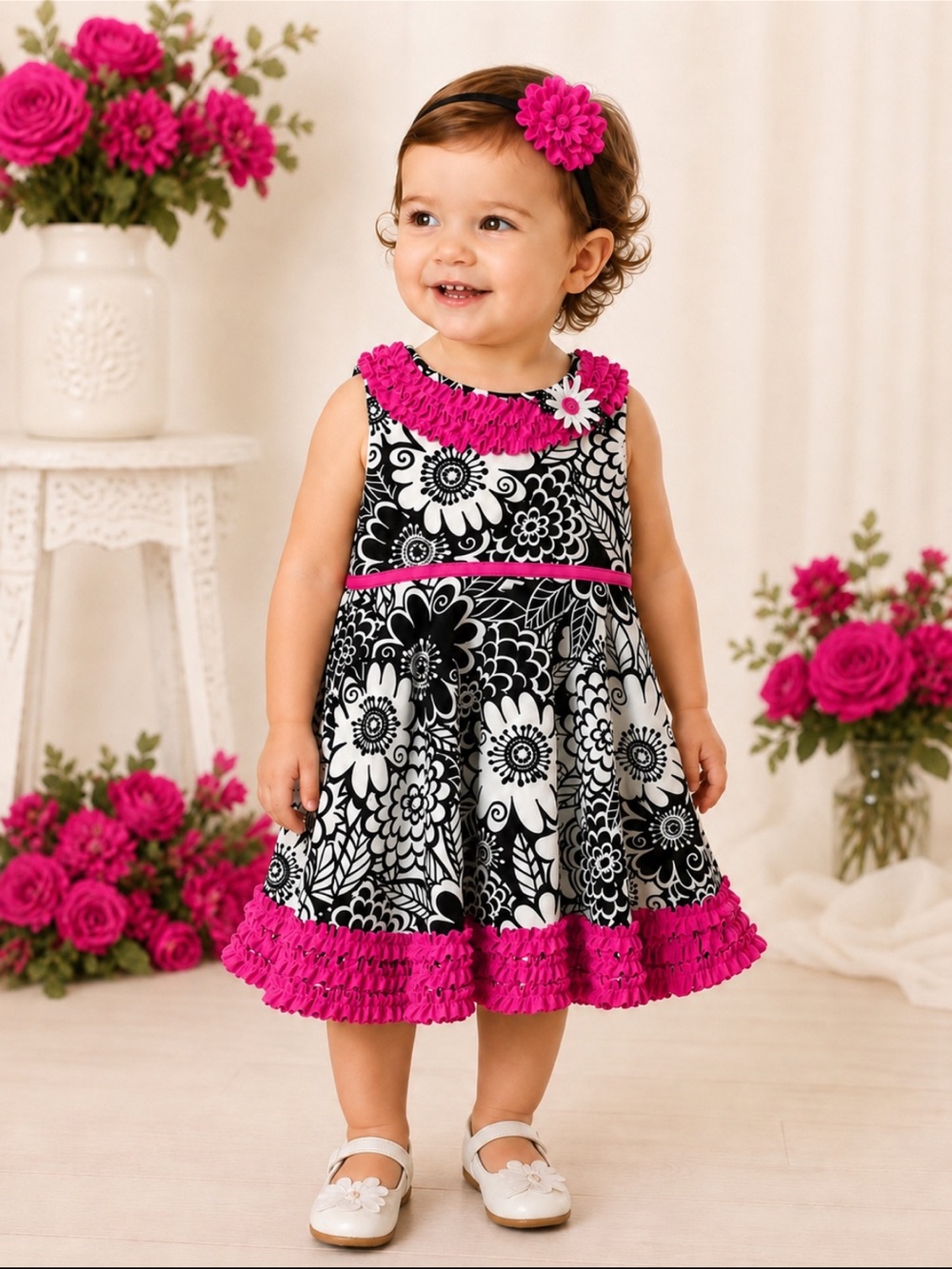 Rare Editions Girls 24M Black White Floral Pink Ruffle Party Dress EUC